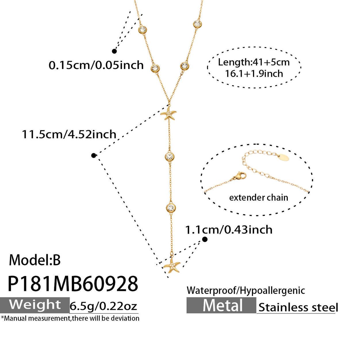 P181 Model B starfish zircon Y necklace 41+5 cm length and product specification details