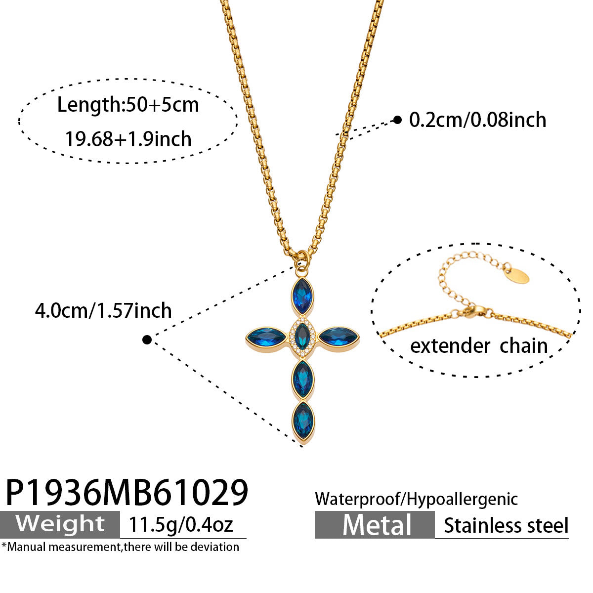 Miduoduo P1936 Gold Blue Crystal Cross Necklace Dimension & Weight Specs
