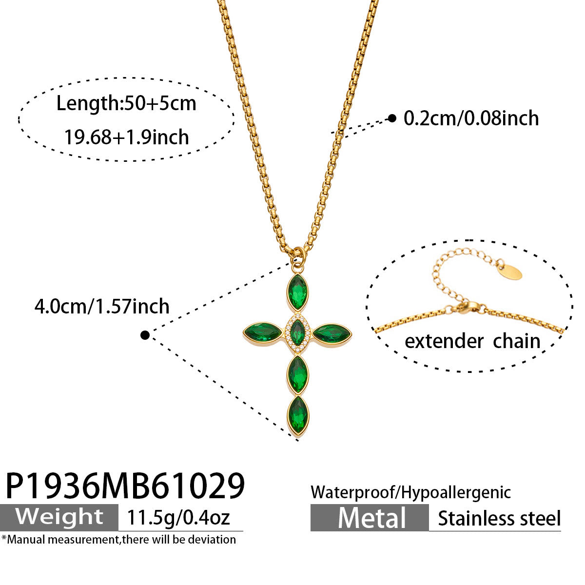 Miduoduo P1936 Gold Green Crystal Cross Necklace Dimension & Weight Specs