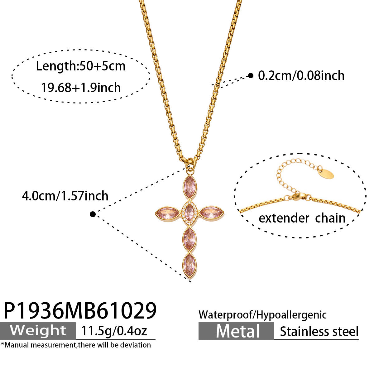 Miduoduo P1936 Gold Pink Crystal Cross Necklace Dimension & Weight Specs