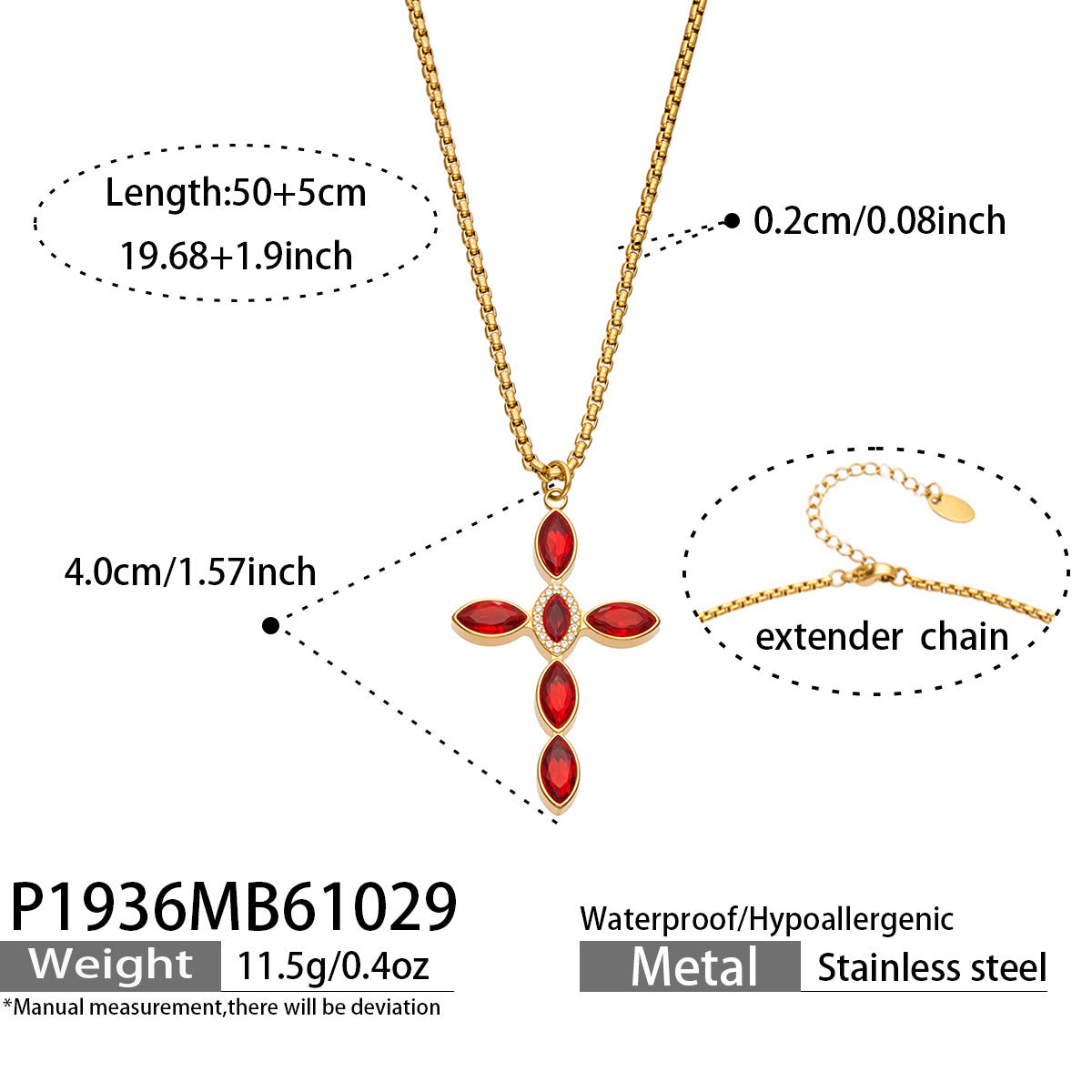 Miduoduo P1936 Gold Red Crystal Cross Necklace Dimension & Weight Specs