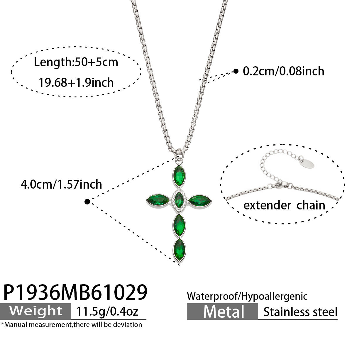 Miduoduo P1936 Steel Green Crystal Cross Necklace Dimension & Weight Specs