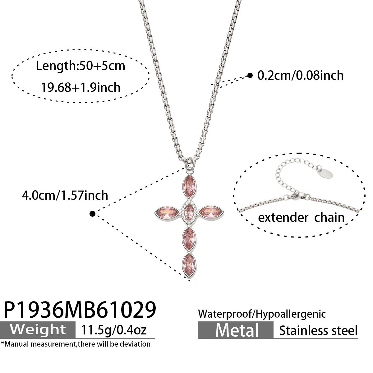 Miduoduo P1936 Steel Pink Crystal Cross Necklace Dimension & Weight Specs