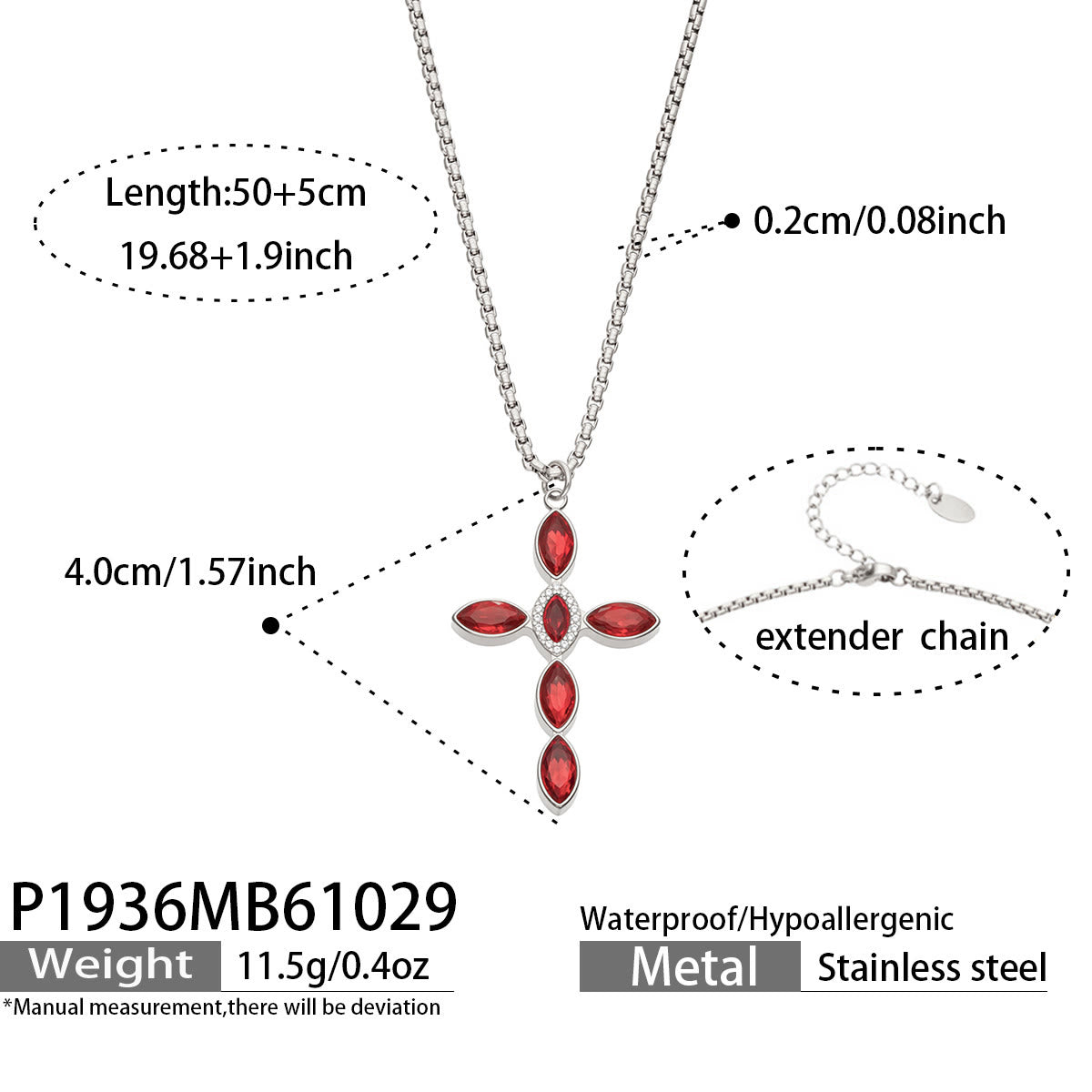 Miduoduo P1936 Steel Red Crystal Cross Necklace Dimension & Weight Specs