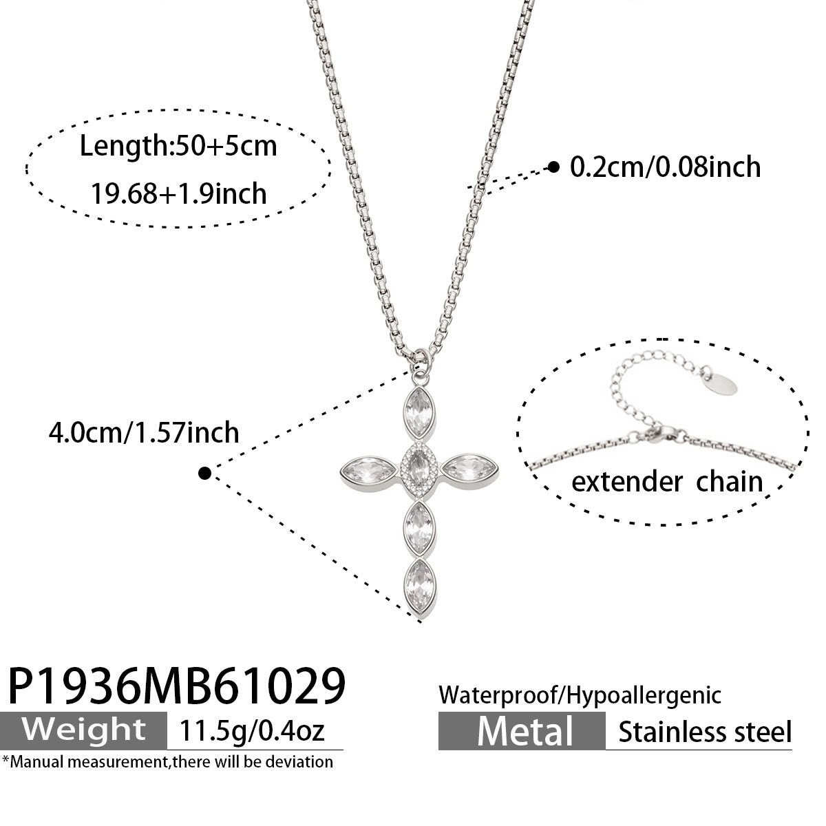 Miduoduo P1936 Steel White Crystal Cross Necklace Dimension & Weight Specs