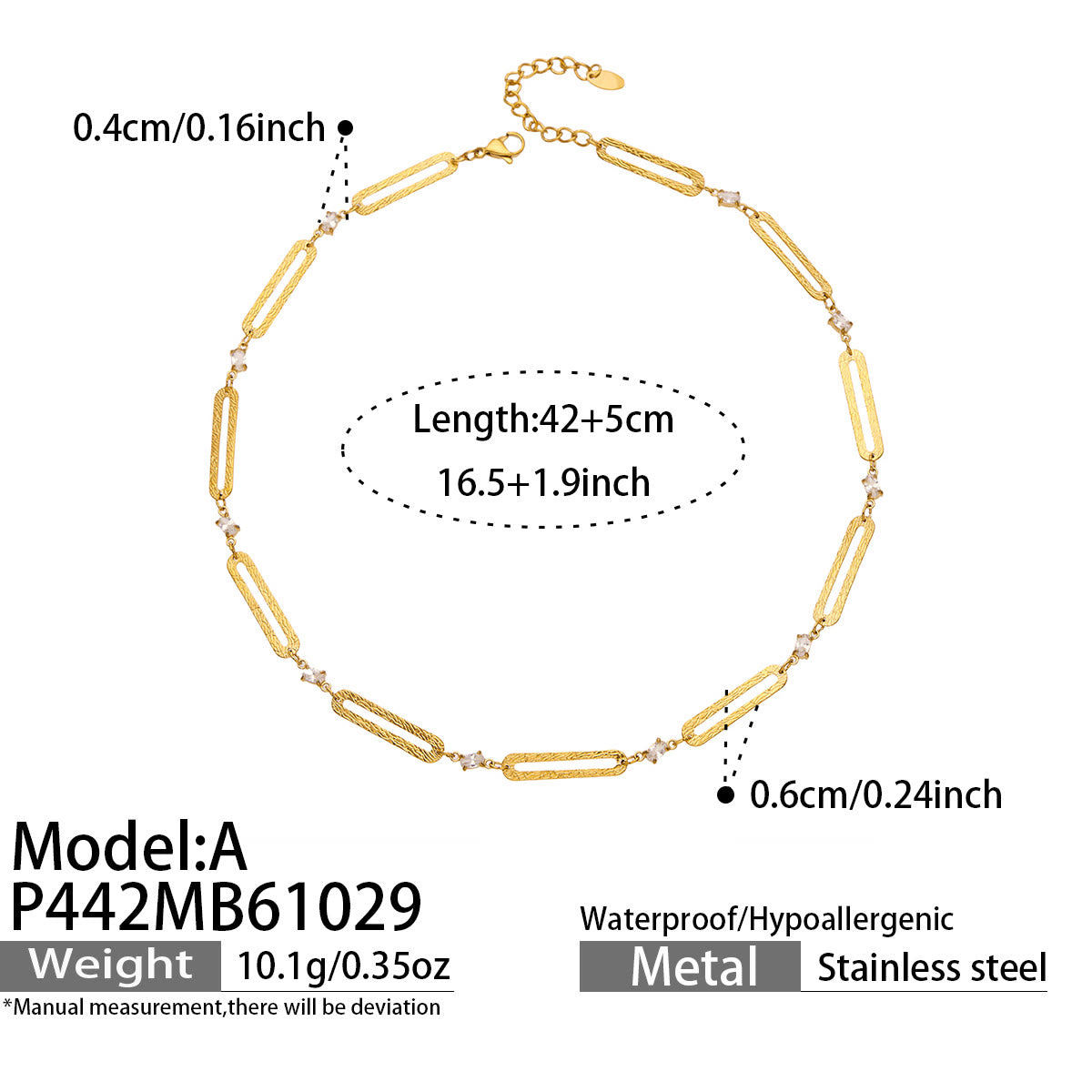 Miduoduo P442 18K Gold Plated Rectangular Link Necklace Dimension & Weight Specs