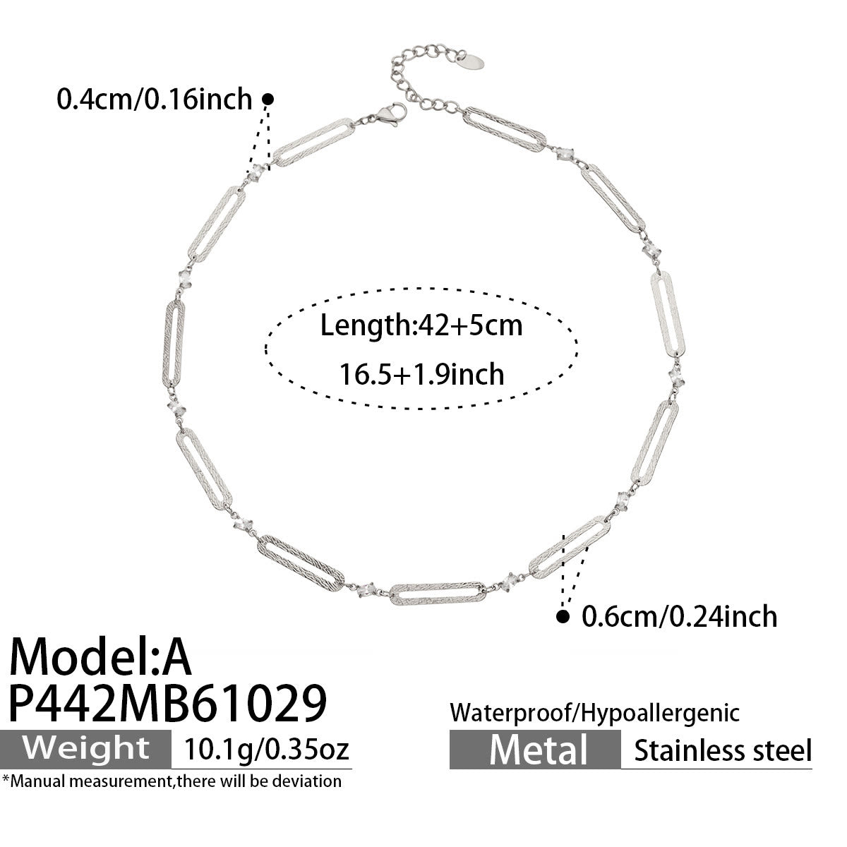 Miduoduo P442 High-Polish Steel Rectangular Link Necklace Dimension & Weight Specs