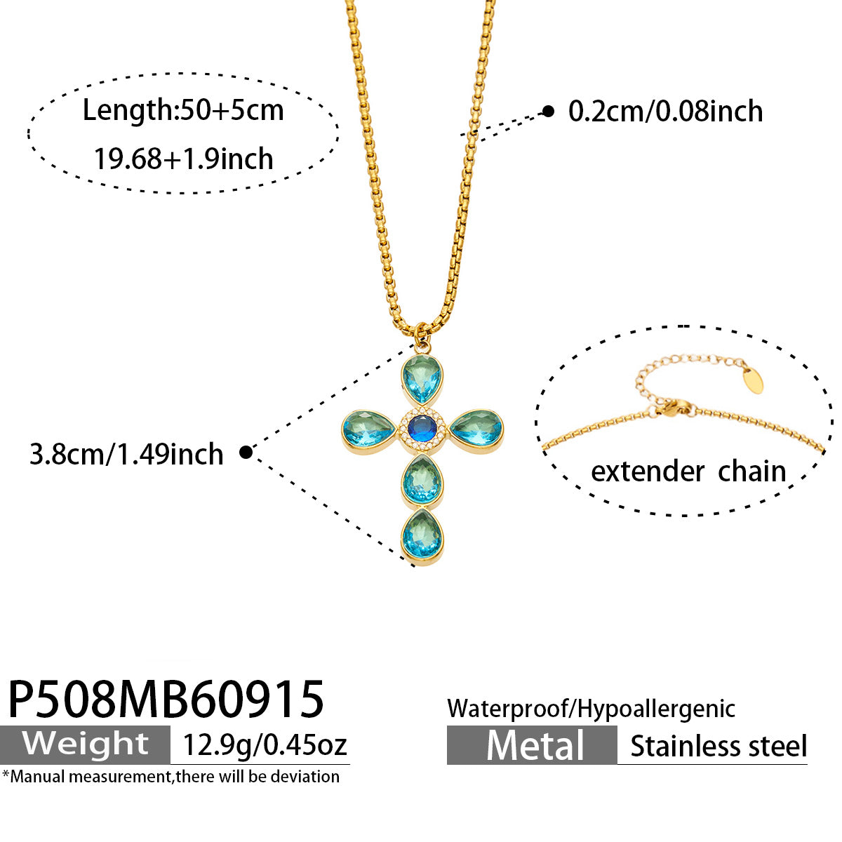 P508 blue stone gold-tone cross necklace 50+5 cm size details