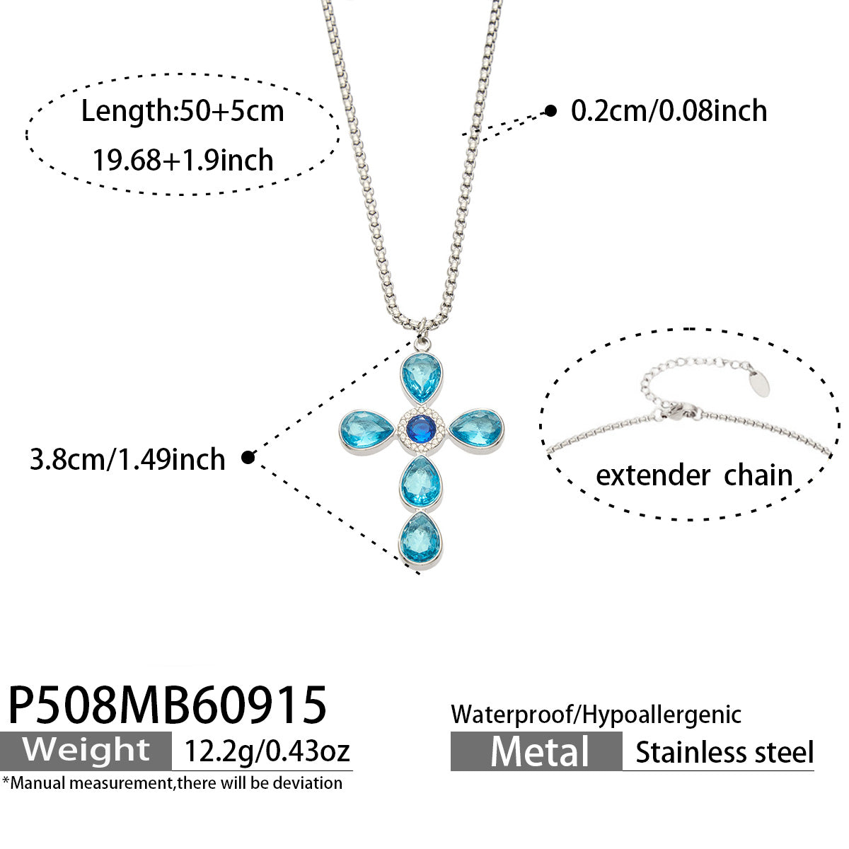 P508 blue stone steel-tone cross necklace 50+5 cm size details