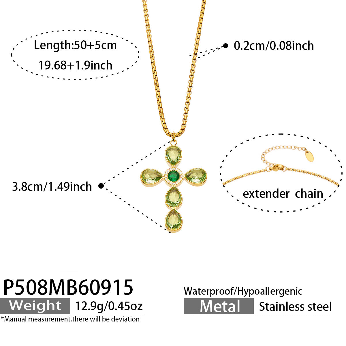 P508 green stone gold-tone cross necklace 50+5 cm size details