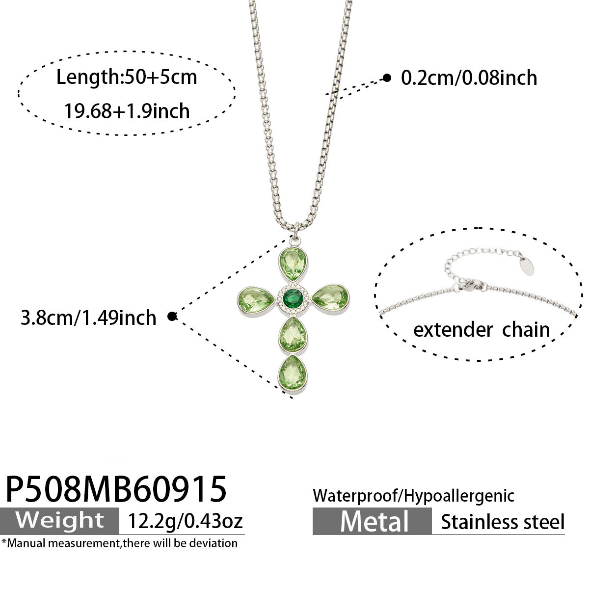 P508 green stone steel-tone cross necklace 50+5 cm size details