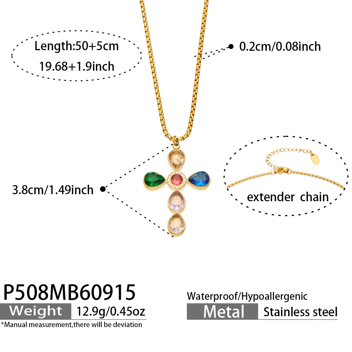 P508 multicolor stone gold-tone cross necklace 50+5 cm size details