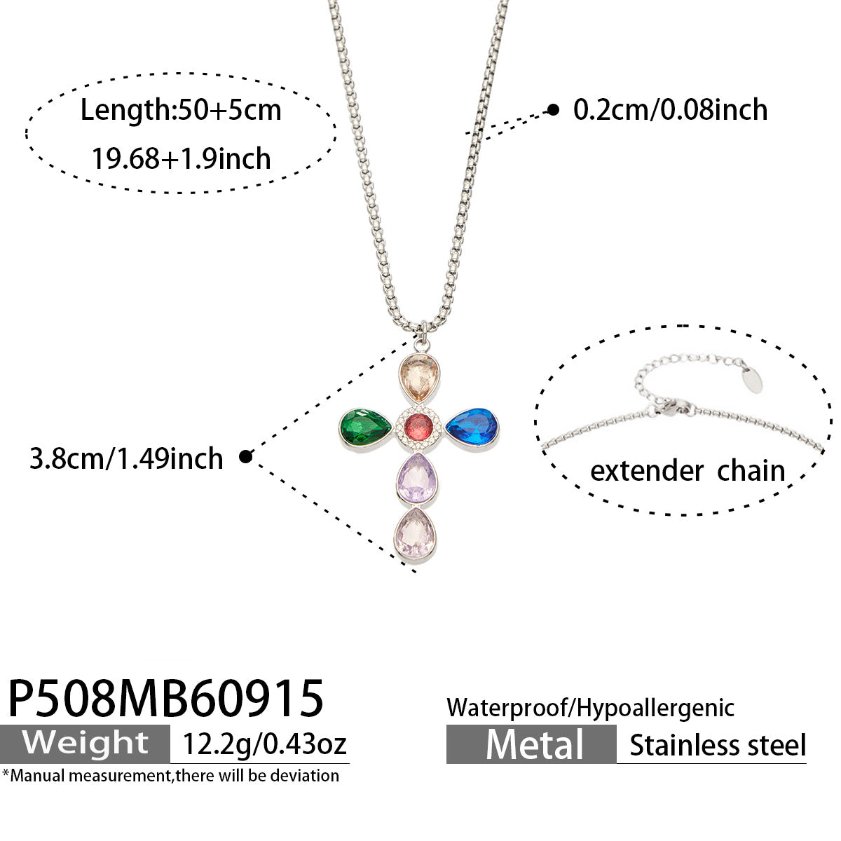 P508 multicolor stone steel-tone cross necklace 50+5 cm size details