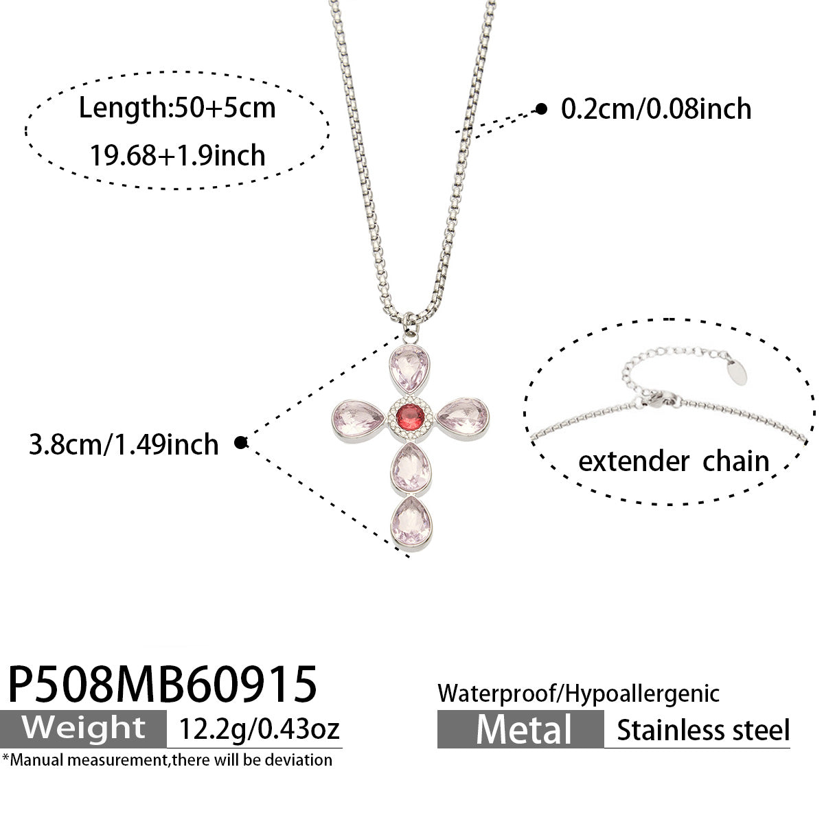 P508 purple stone steel-tone cross necklace 50+5 cm size details