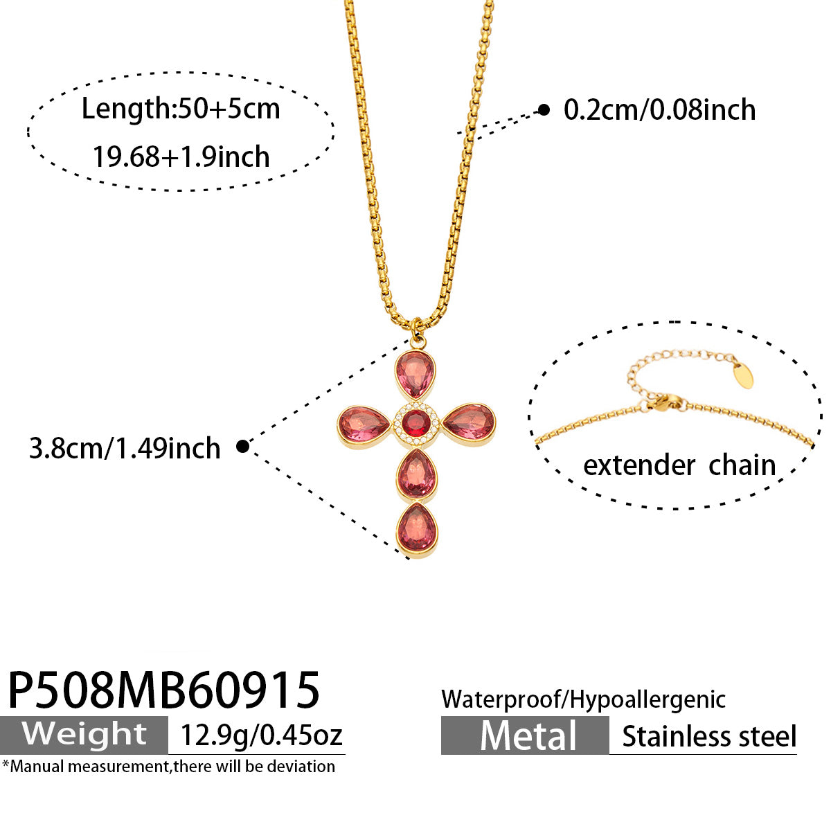 P508 red stone gold-tone cross necklace 50+5 cm size details