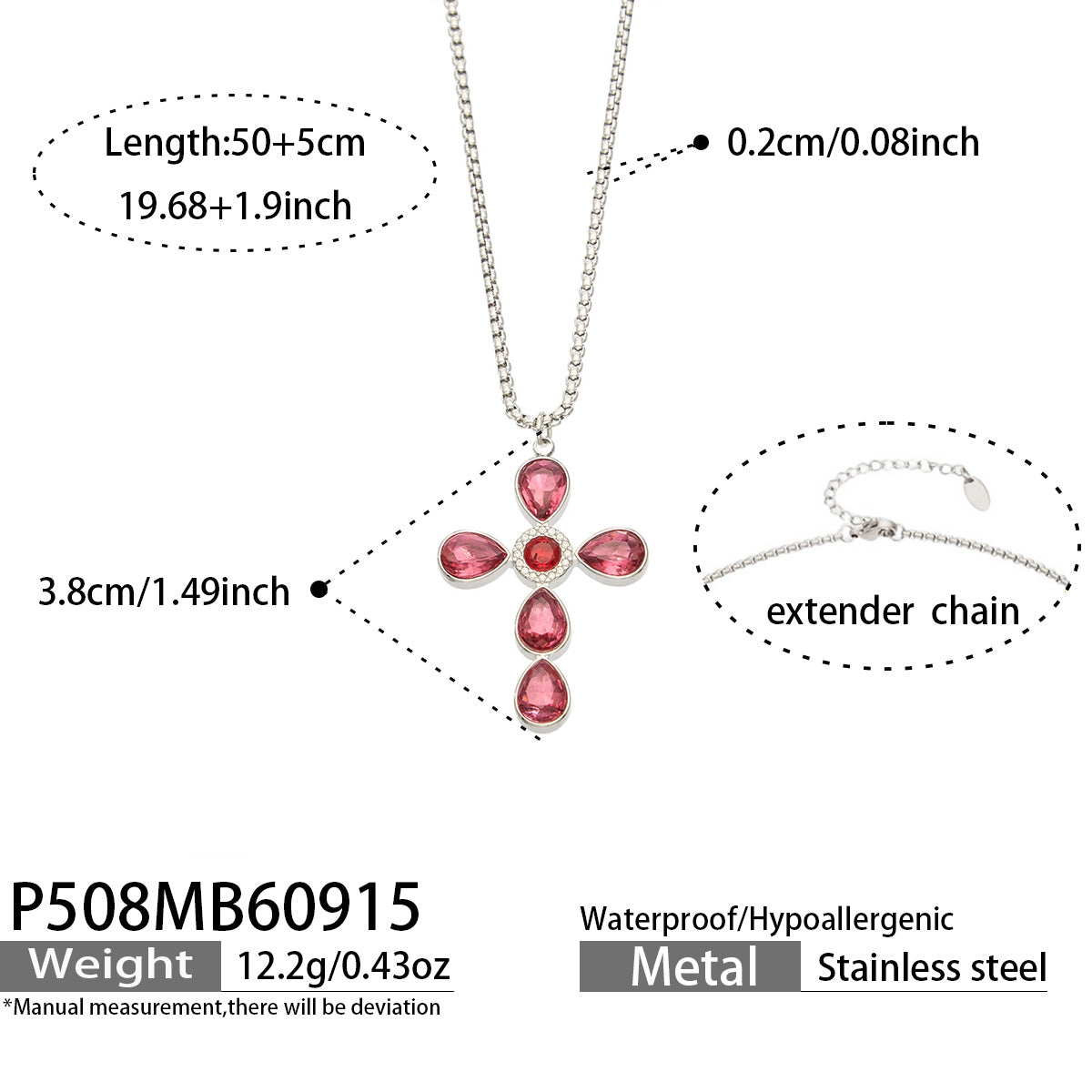 P508 red stone steel-tone cross necklace 50+5 cm size details