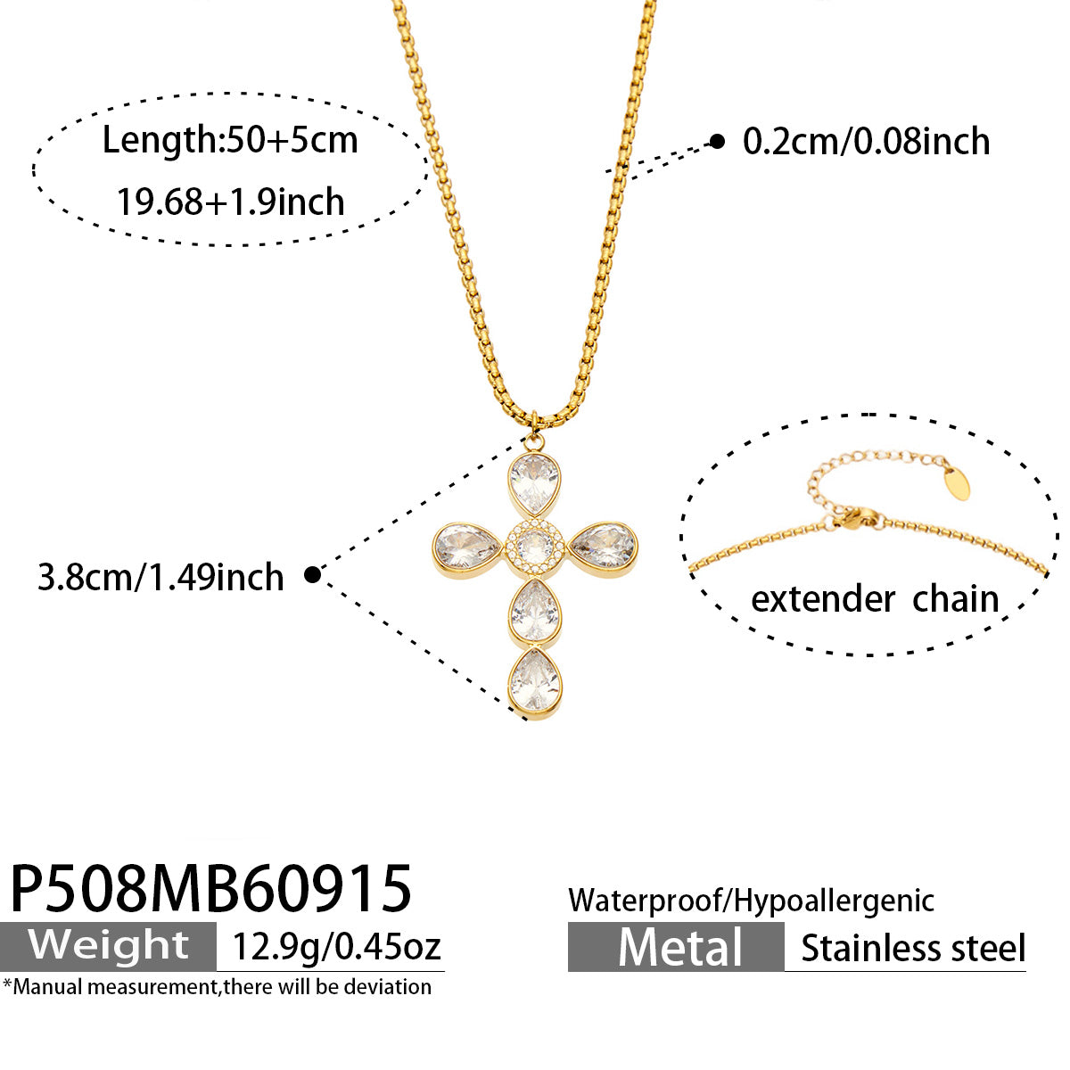 P508 white stone gold-tone cross necklace 50+5 cm size details