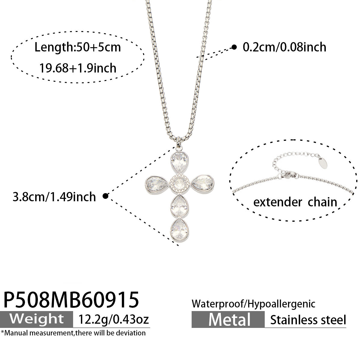 P508 white stone steel-tone cross necklace 50+5 cm size details