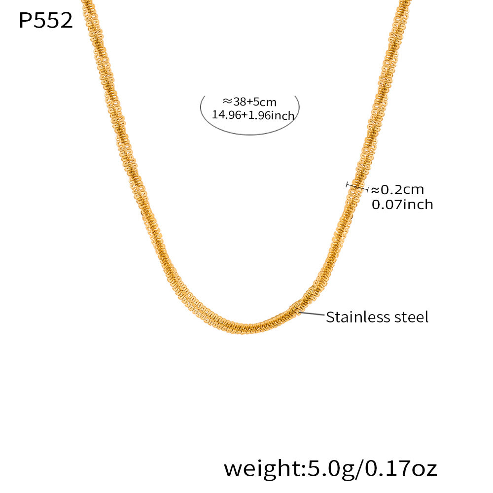P552 gold rope chain necklace size card showing 38 plus 5cm length, 0.2cm width and stainless steel material