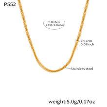 P552 gold rope chain necklace size card showing 38 plus 5cm length, 0.2cm width and stainless steel material