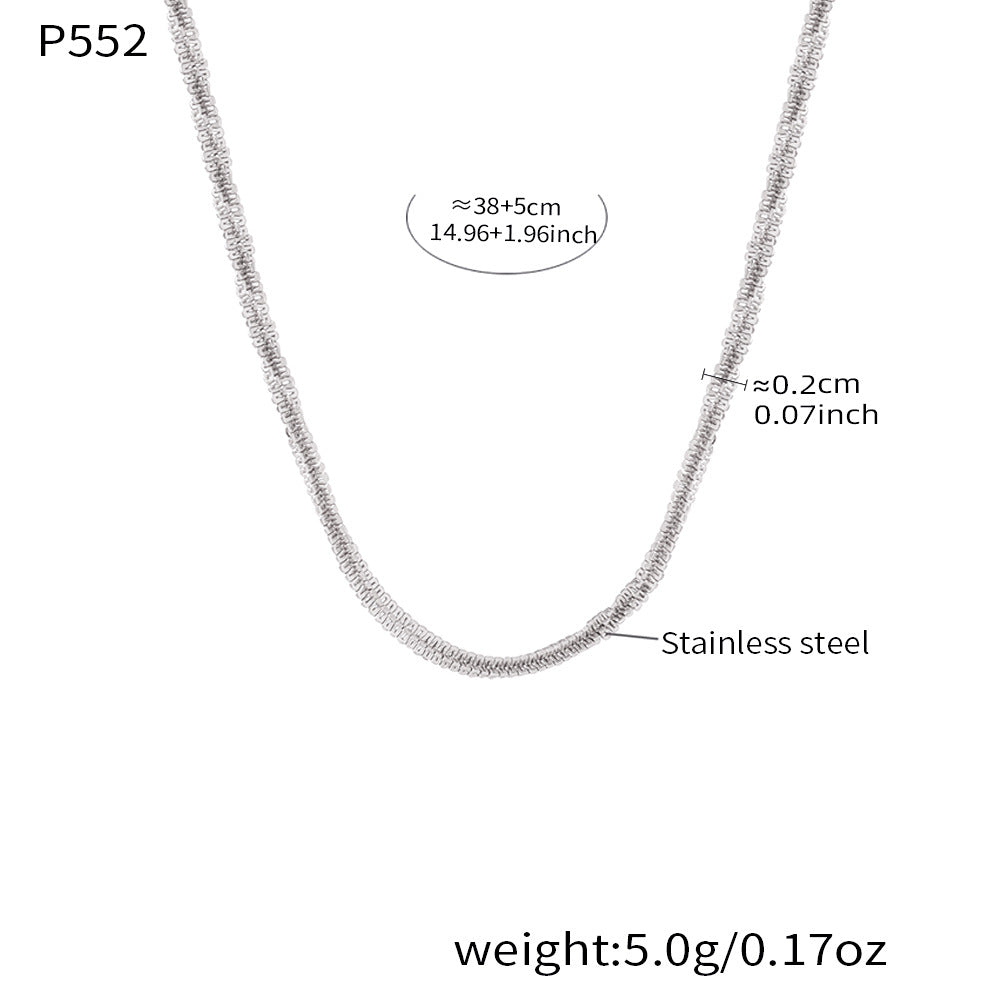 P552 steel rope chain necklace size card showing 38 plus 5cm length, 0.2cm width and stainless steel material