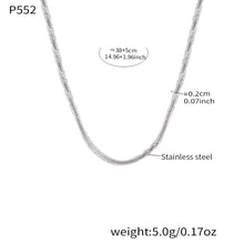 P552 steel rope chain necklace size card showing 38 plus 5cm length, 0.2cm width and stainless steel material