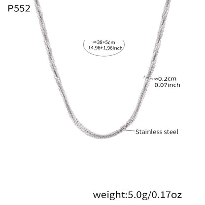 P552 steel rope chain necklace size card showing 38 plus 5cm length, 0.2cm width and stainless steel material