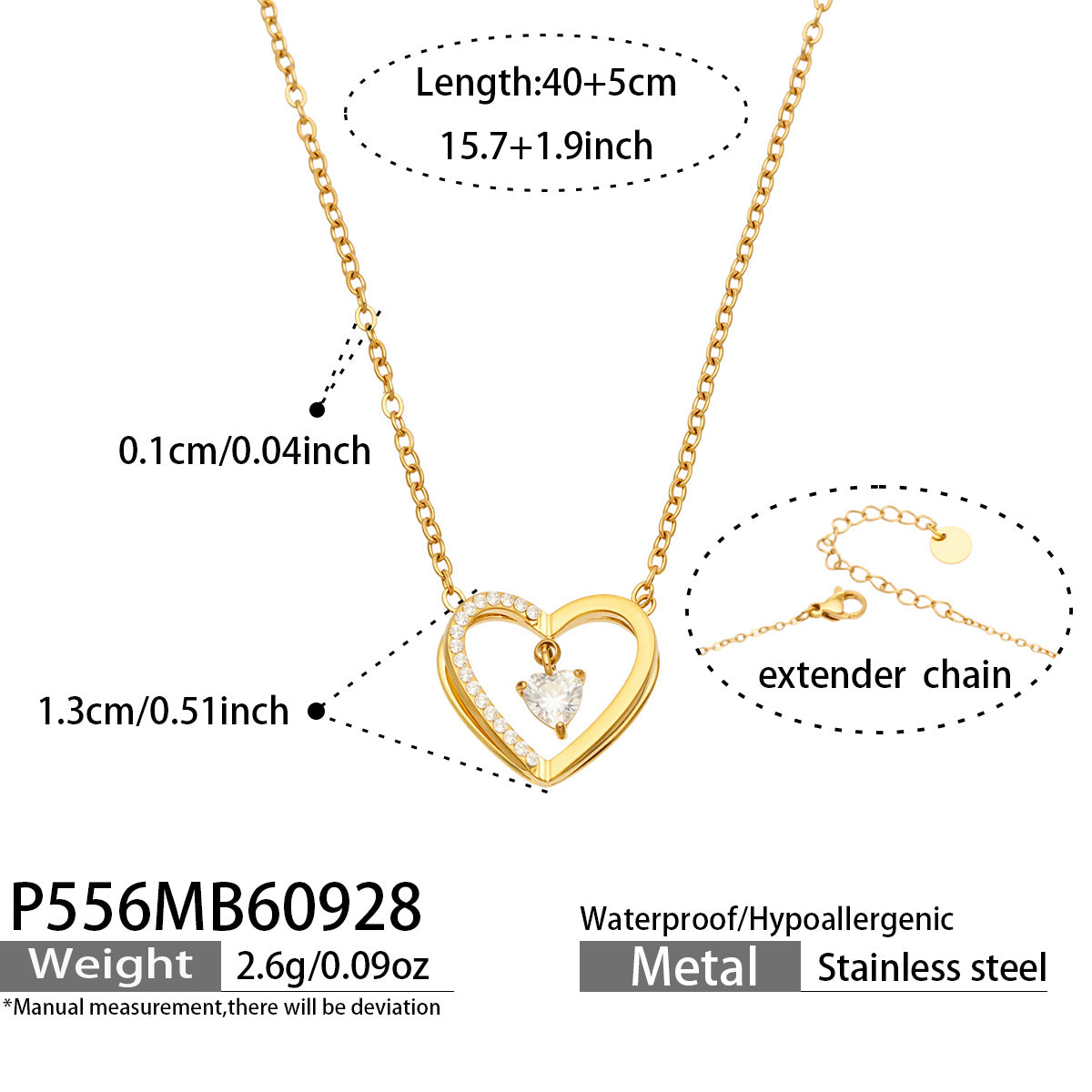 P556 stainless steel zircon heart pendant necklace with 40+5 cm length and product specification details