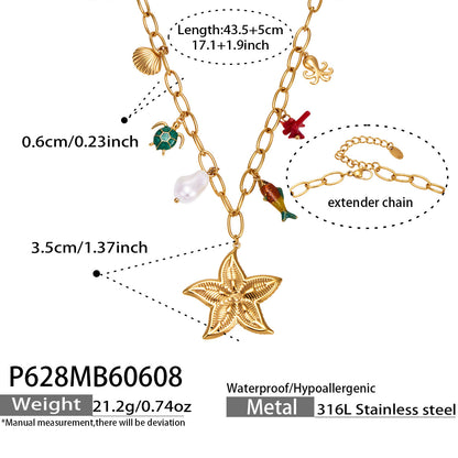P628 gold fish tail ocean charm necklace size card showing 43.5 plus 5cm length and 316L stainless steel material