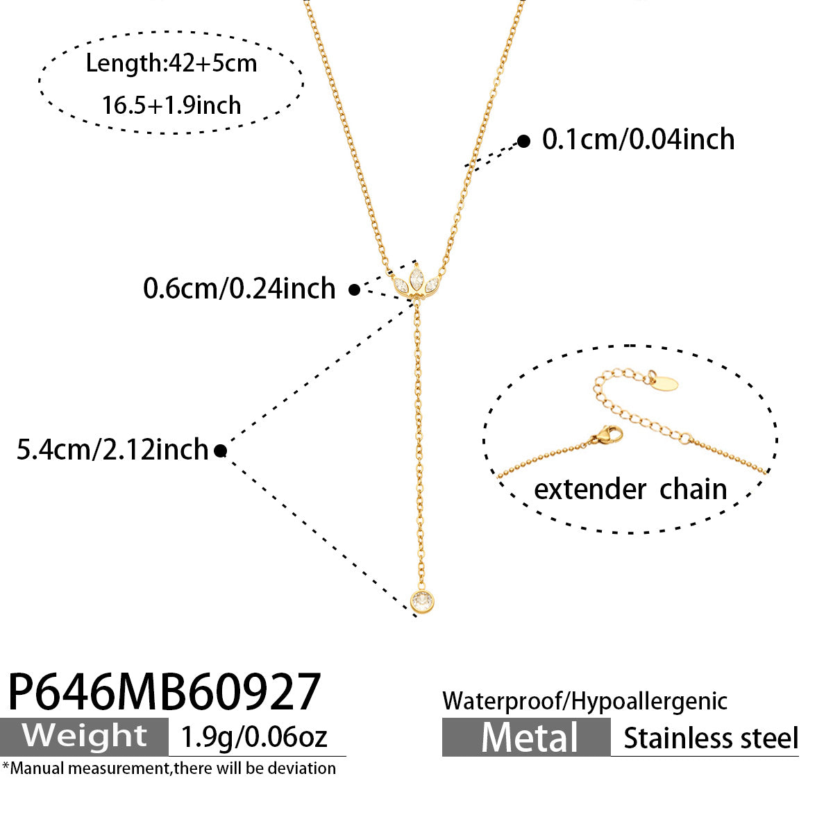 P646 zircon Y necklace size guide with 42 plus 5 cm adjustable chain
