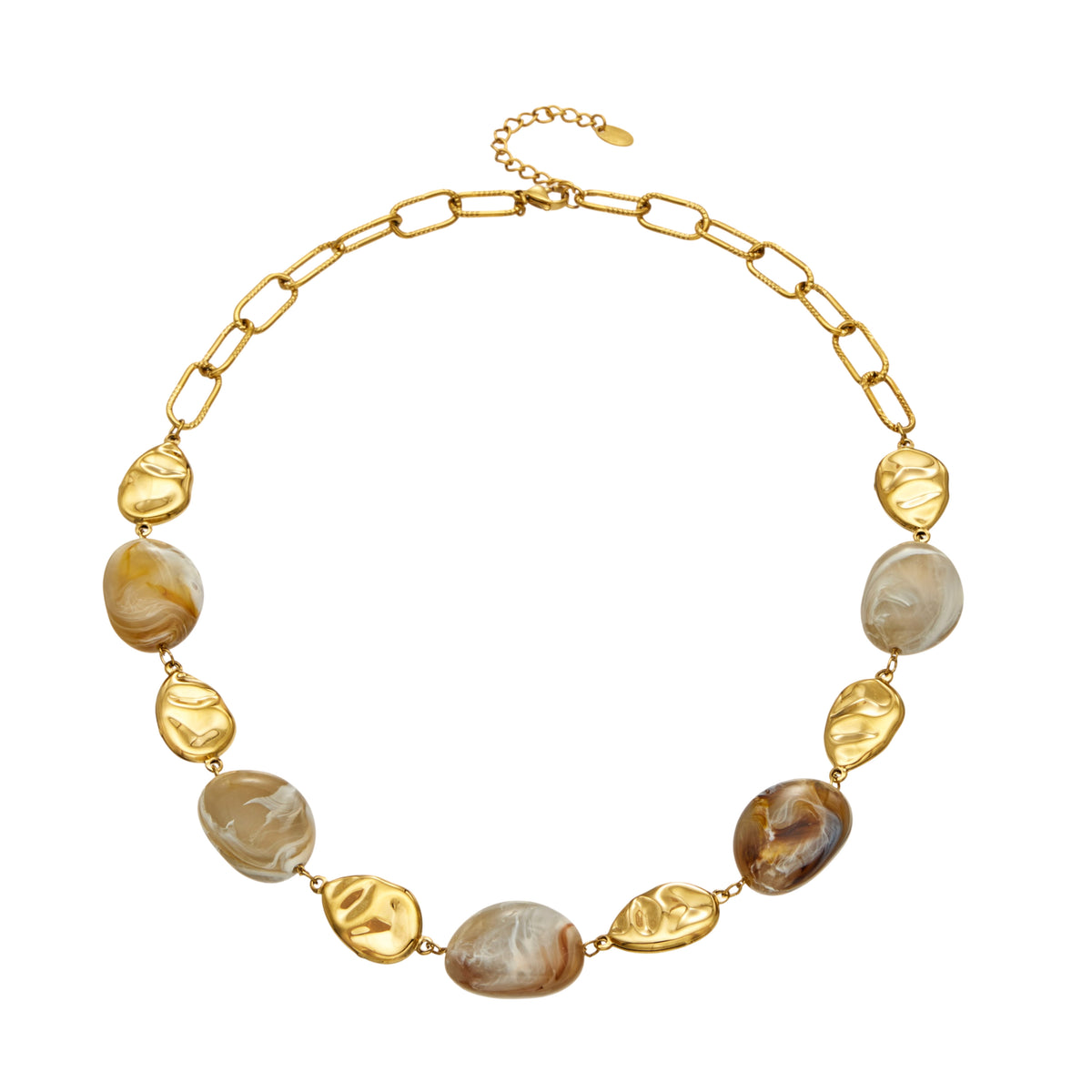 P691 organic resin bead necklace with irregular resin pieces and 18K PVD gold stainless steel accents