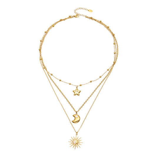 18K gold plated stainless steel celestial layered necklace with sun, moon and star pendants