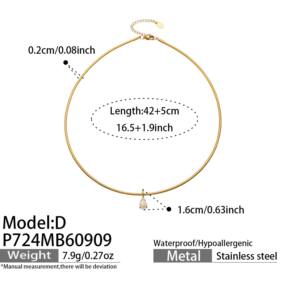 P724 D zircon necklace length details, 42+5 cm