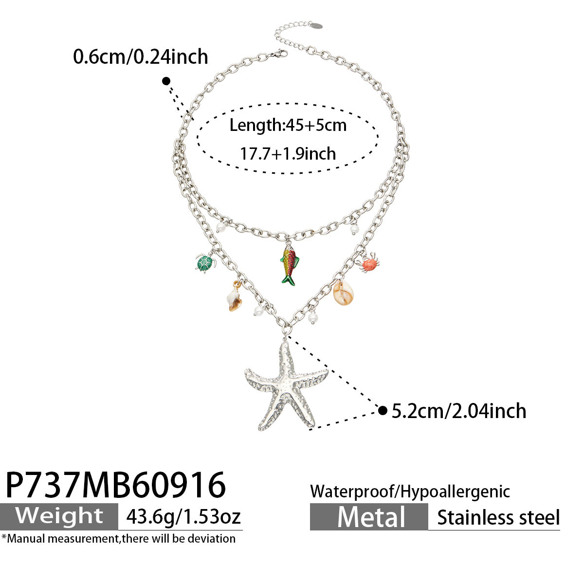 P737 steel tone sea life charm necklace 45+5 cm size details