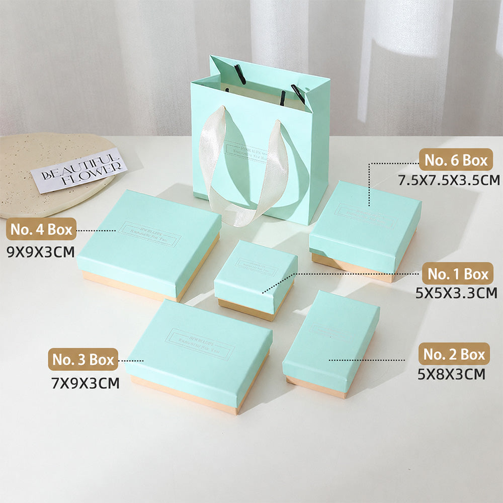 Pastel blue and pink jewelry packaging boxes in multiple sizes for rings earrings bracelets necklaces and jewelry sets