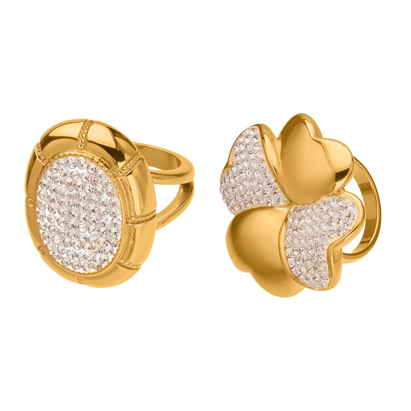 Gold pavé statement rings featuring a round stone-set design and four-leaf clover design