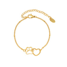 Gold paw print heart chain bracelet in waterproof stainless steel with adjustable extender