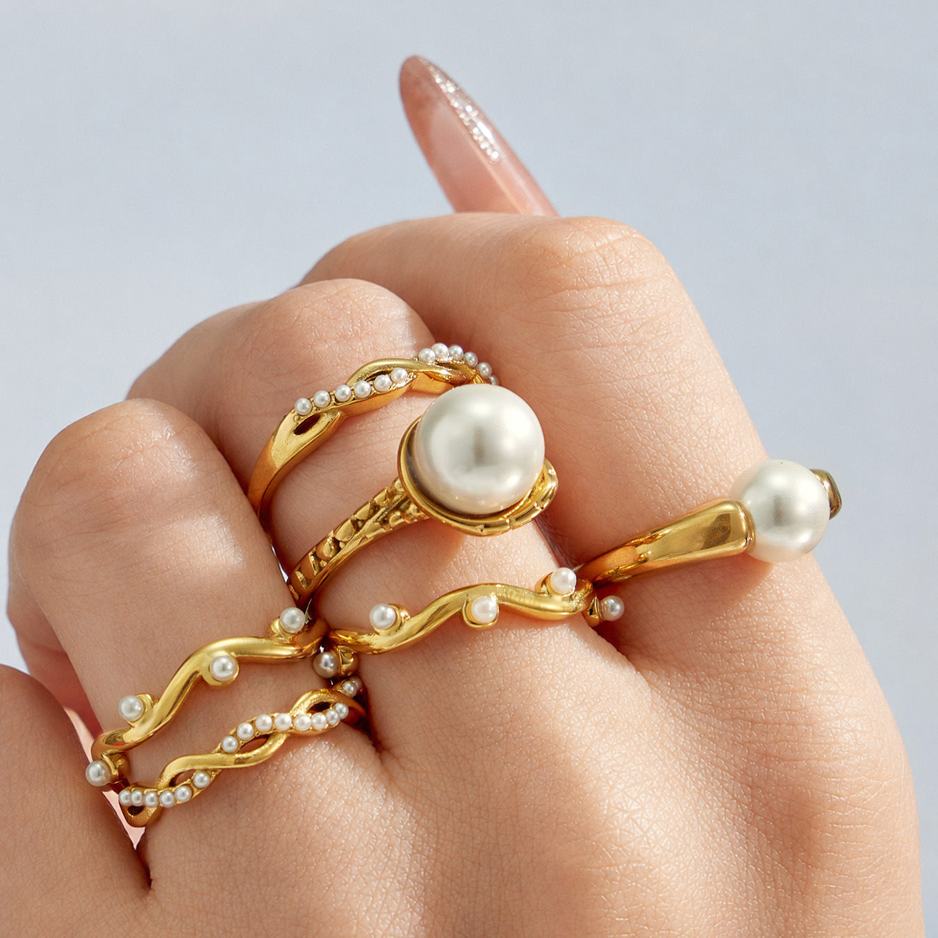 316L Stainless Steel 18K PVD Gold Pearl Ring Set made with 316L stainless steel and 18K PVD gold finish for wholesale jewelry buyers - image 3