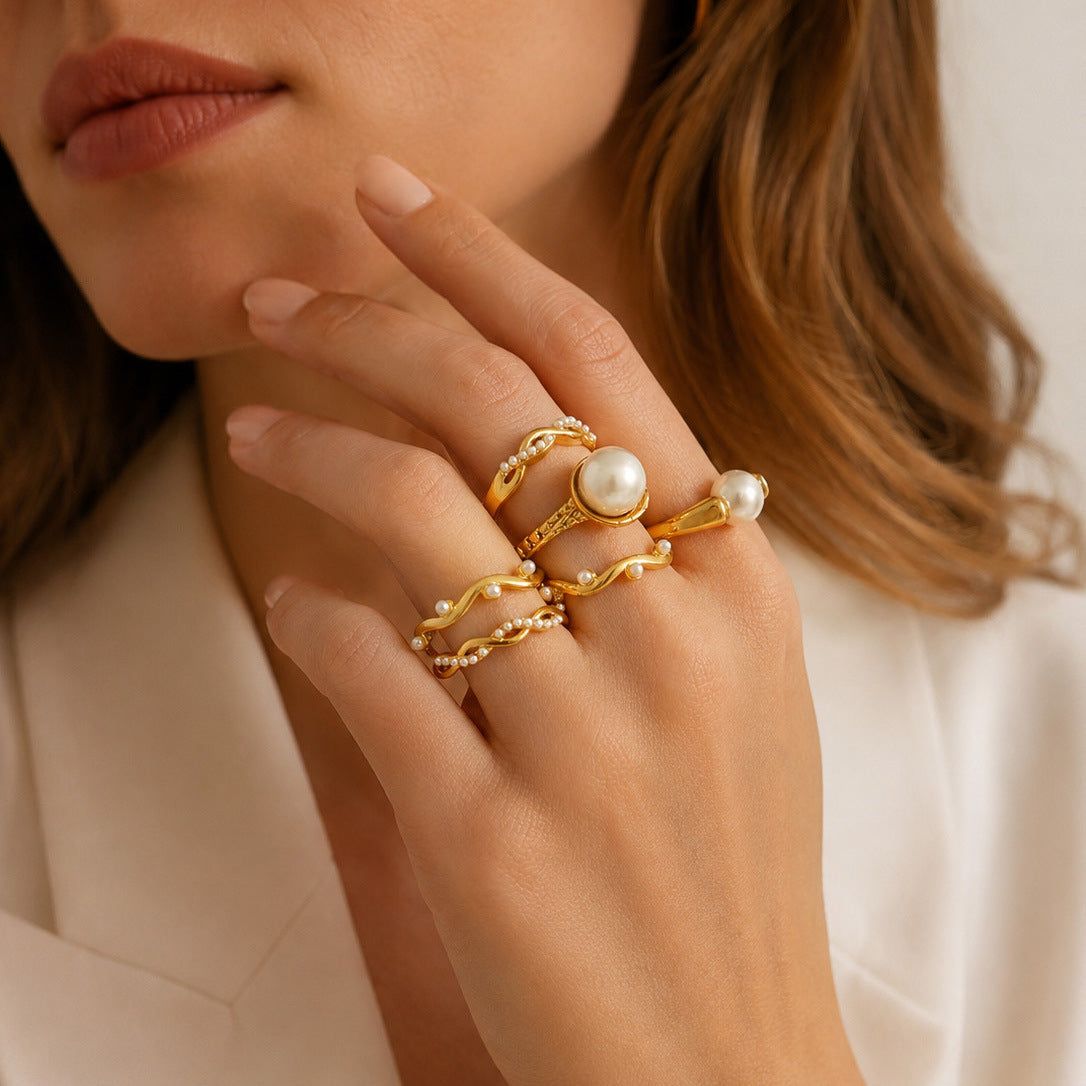316L Stainless Steel 18K PVD Gold Pearl Ring Set made with 316L stainless steel and 18K PVD gold finish for wholesale jewelry buyers - image 9