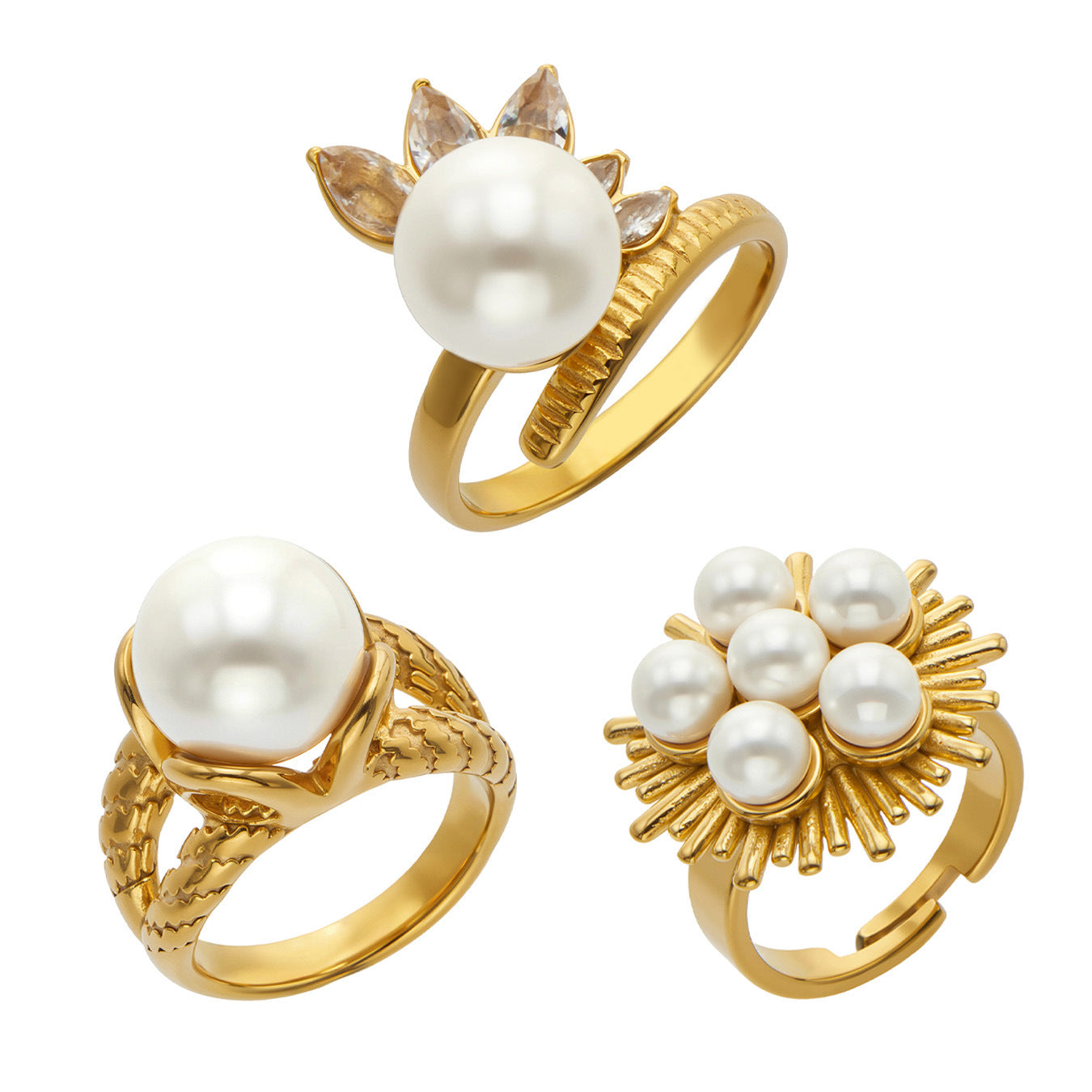 316L Stainless Steel 18K PVD Gold Pearl & Zircon Ring Set made with 316L stainless steel and 18K PVD gold finish for wholesale jewelry buyers - image 11