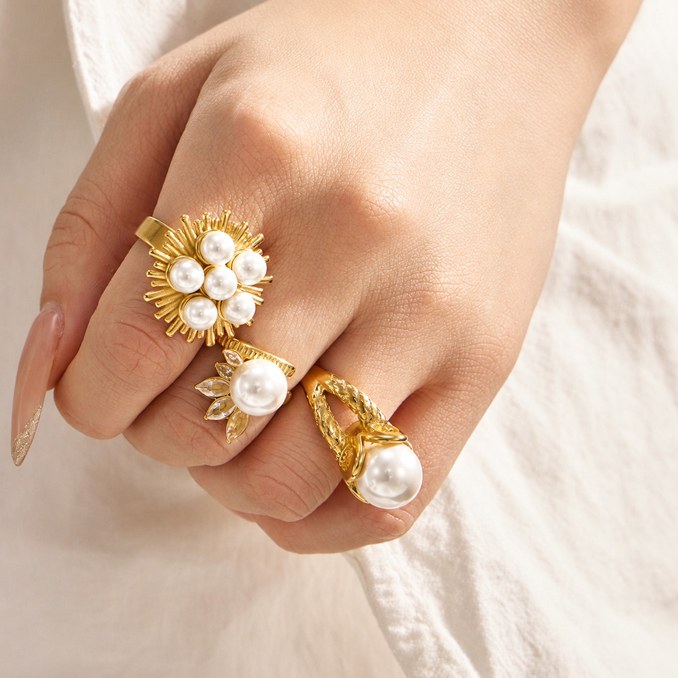 316L Stainless Steel 18K PVD Gold Pearl & Zircon Ring Set made with 316L stainless steel and 18K PVD gold finish for wholesale jewelry buyers - image 13