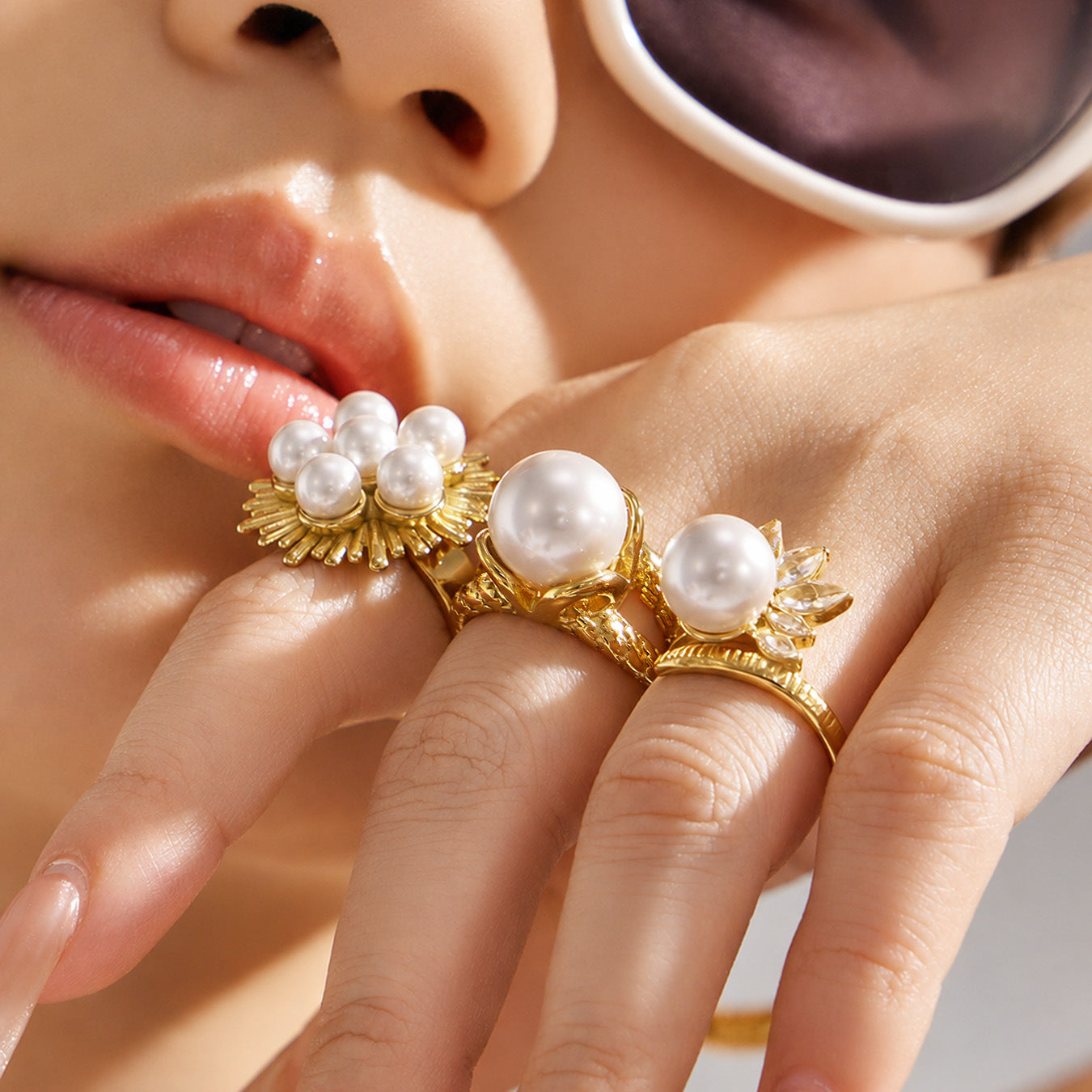 316L Stainless Steel 18K PVD Gold Pearl & Zircon Ring Set made with 316L stainless steel and 18K PVD gold finish for wholesale jewelry buyers - image 16