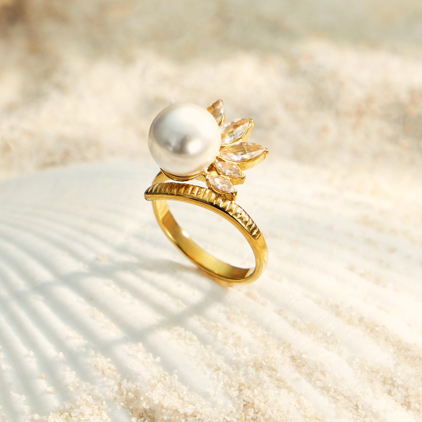 316L Stainless Steel 18K PVD Gold Pearl & Zircon Ring Set made with 316L stainless steel and 18K PVD gold finish for wholesale jewelry buyers - image 17