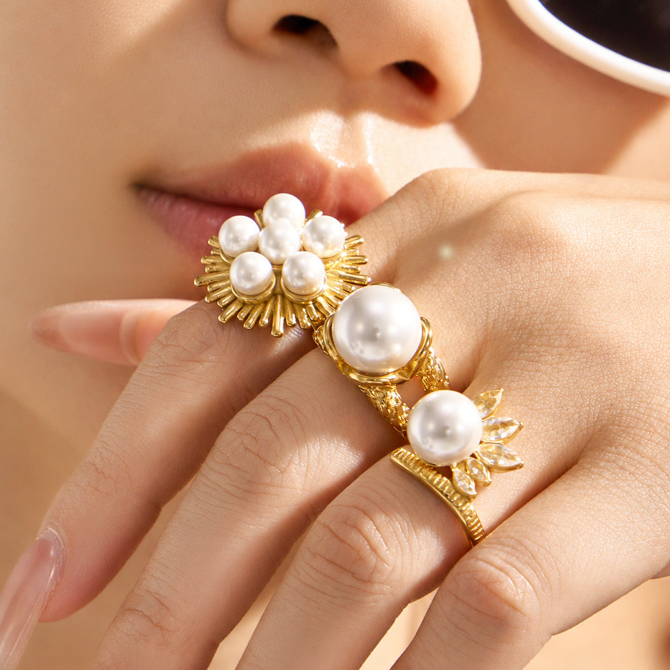 316L Stainless Steel 18K PVD Gold Pearl & Zircon Ring Set made with 316L stainless steel and 18K PVD gold finish for wholesale jewelry buyers - image 5
