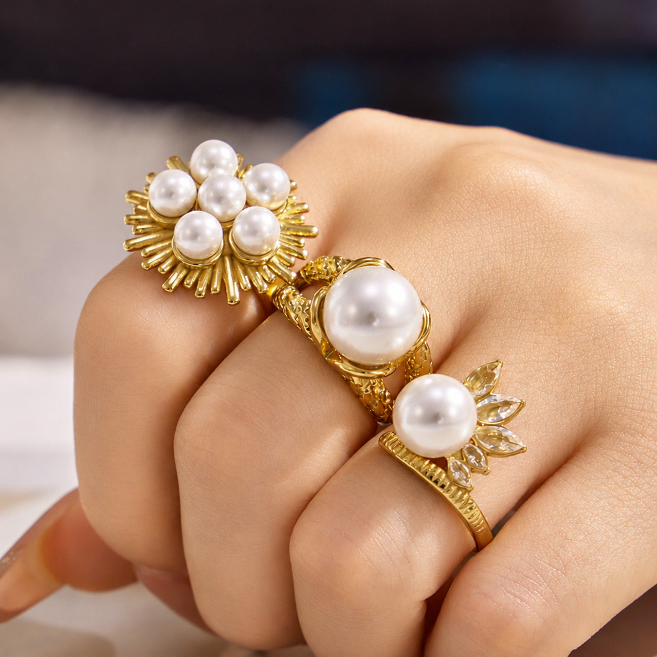 316L Stainless Steel 18K PVD Gold Pearl & Zircon Ring Set made with 316L stainless steel and 18K PVD gold finish for wholesale jewelry buyers - image 8