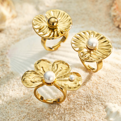 316L Stainless Steel 18K PVD Gold Petal Pearl Ring Set made with 316L stainless steel and 18K PVD gold finish for wholesale jewelry buyers - image 13