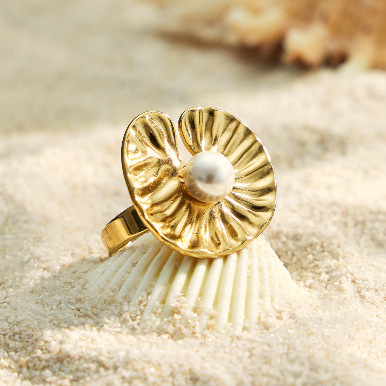 316L Stainless Steel 18K PVD Gold Petal Pearl Ring Set made with 316L stainless steel and 18K PVD gold finish for wholesale jewelry buyers - image 3