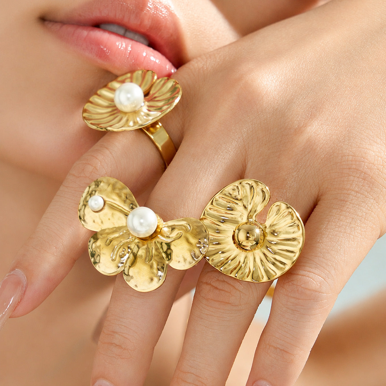 316L Stainless Steel 18K PVD Gold Petal Pearl Ring Set made with 316L stainless steel and 18K PVD gold finish for wholesale jewelry buyers - image 5