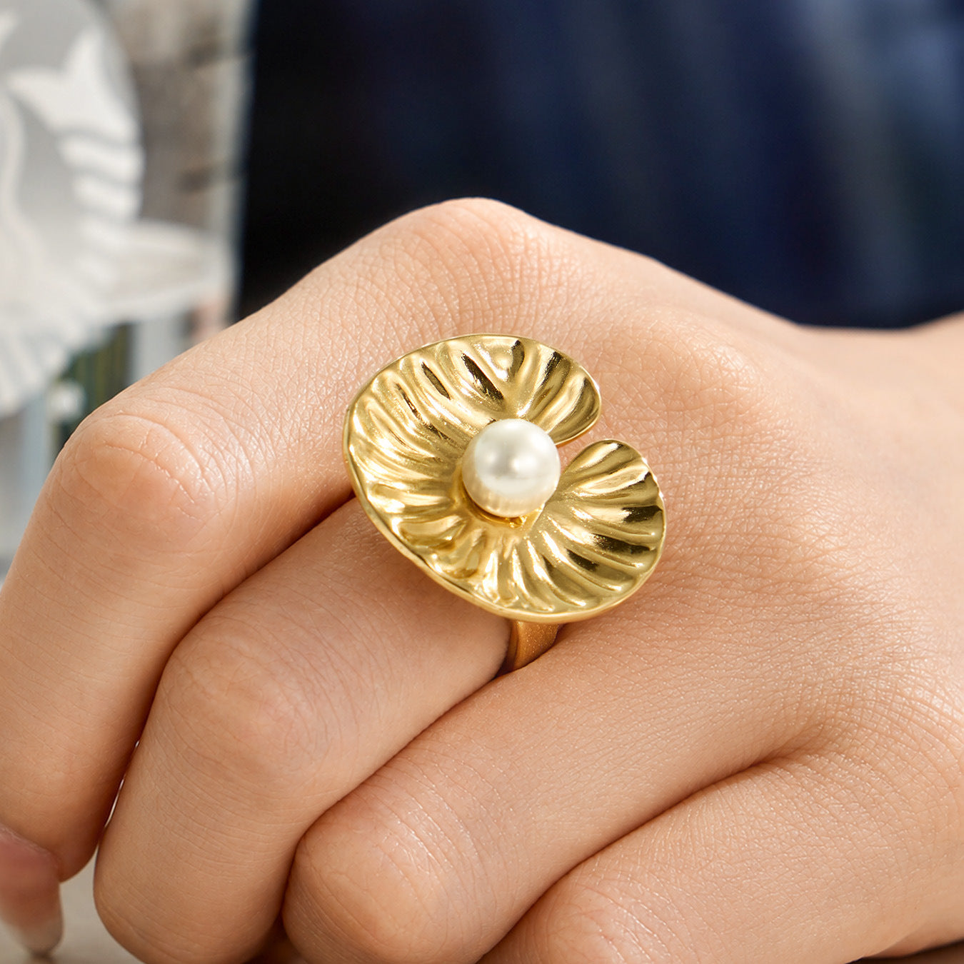 316L Stainless Steel 18K PVD Gold Petal Pearl Ring Set made with 316L stainless steel and 18K PVD gold finish for wholesale jewelry buyers - image 6