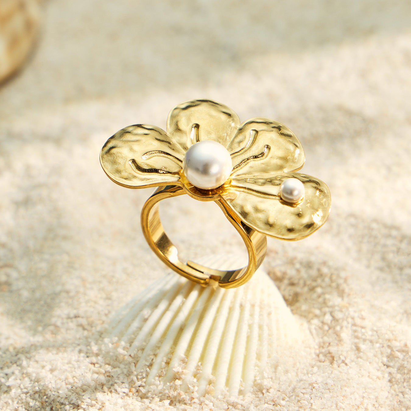 316L Stainless Steel 18K PVD Gold Petal Pearl Ring Set made with 316L stainless steel and 18K PVD gold finish for wholesale jewelry buyers - image 8